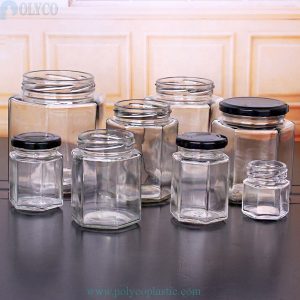Hexagonal glass jar of honey